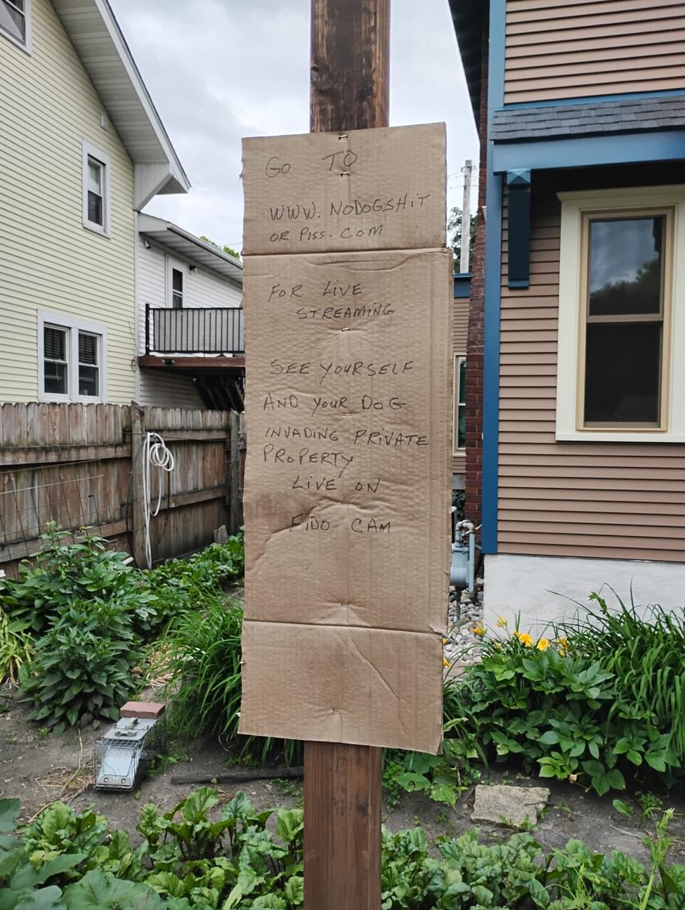 Cardboard sign reading For Live Streaming, see yourself and your dog invading pribate property live on fido cam