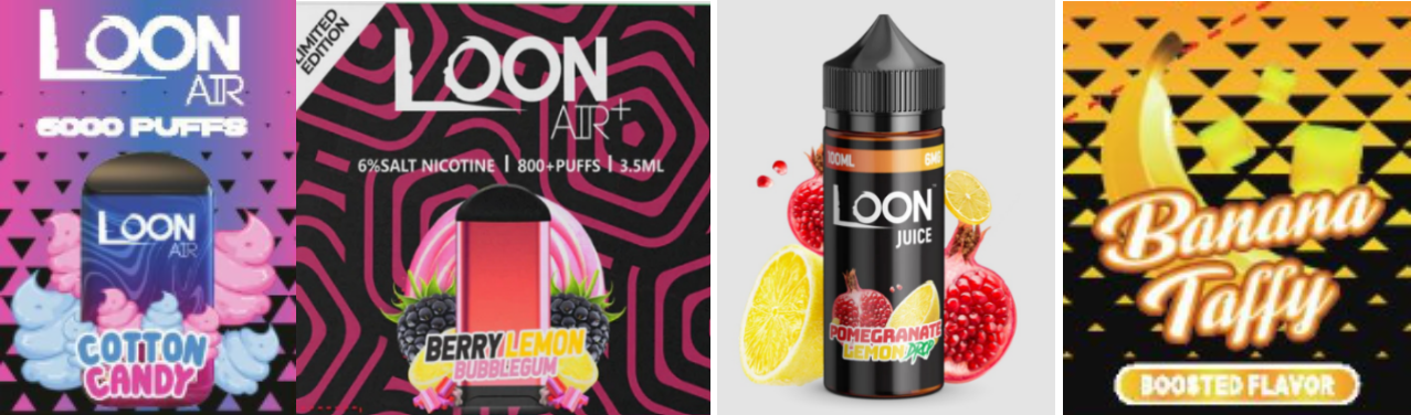product images of cotton candy, banana taffy, berry lemon bubble gum, and pomegranate lemon drop vape products