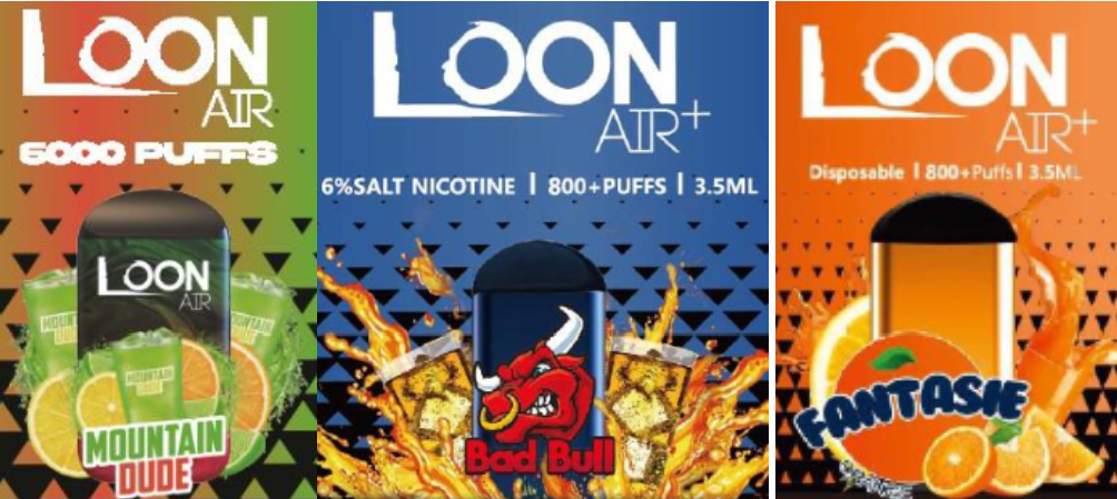 product images of vape flavors including Mountain Dew (“Mountain Dude”), Red Bull (“Bad Bull”), and Fanta (“Orange Fantasie”)