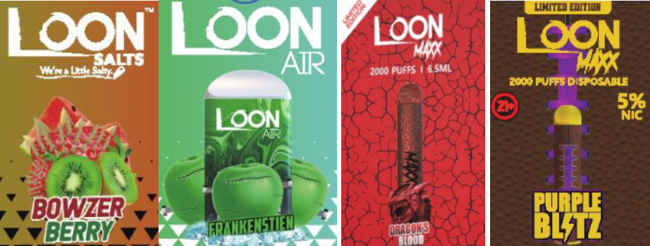 product images of vape flavors including Bowser from Super Mario (“Bowzer Berry”), Frankenstein, dragons, and a “Purple Blitz” product that appears to reference the Minnesota Vikings