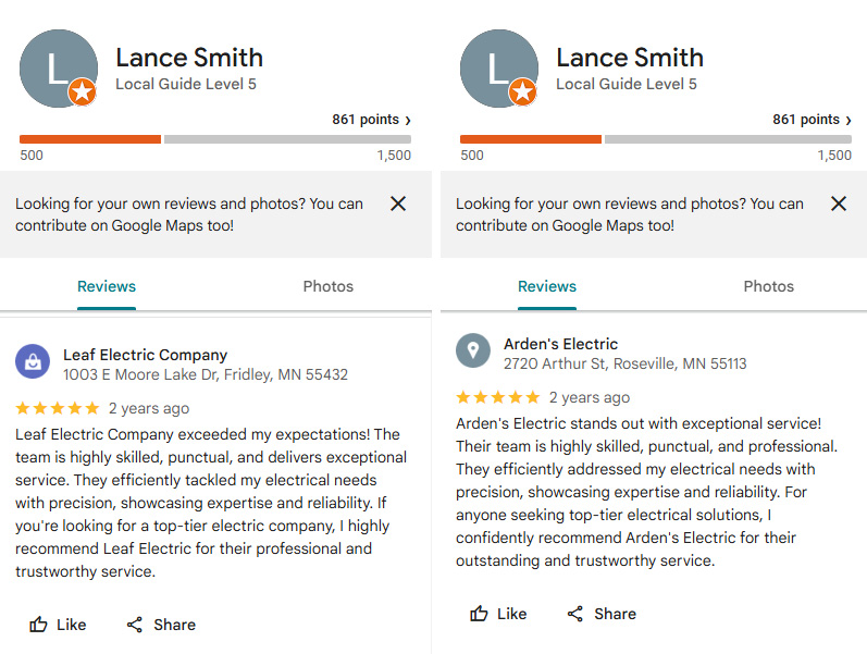 Screenshots of Google reviews with similar language but for two different companies